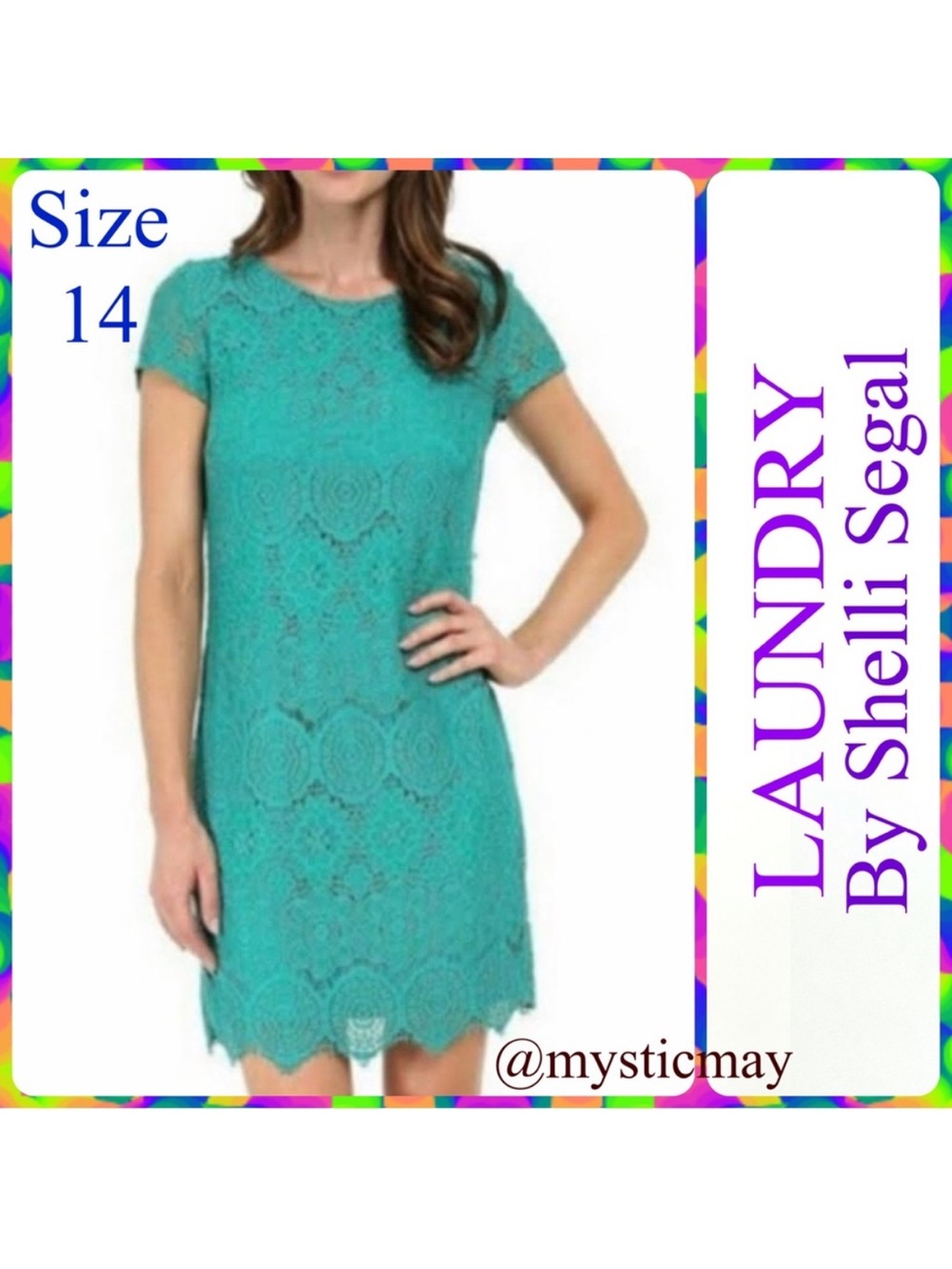 LAUNDRY Spring Green Crochet Lace Floral Medallion Overlay Shift Dress Size 14